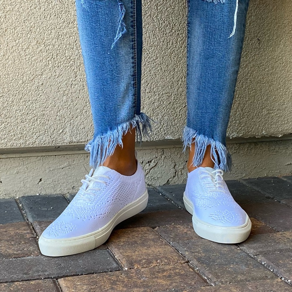 White Lace Up Brogue Fabric Knit Oxford Sneakers - Picture 1 of 16